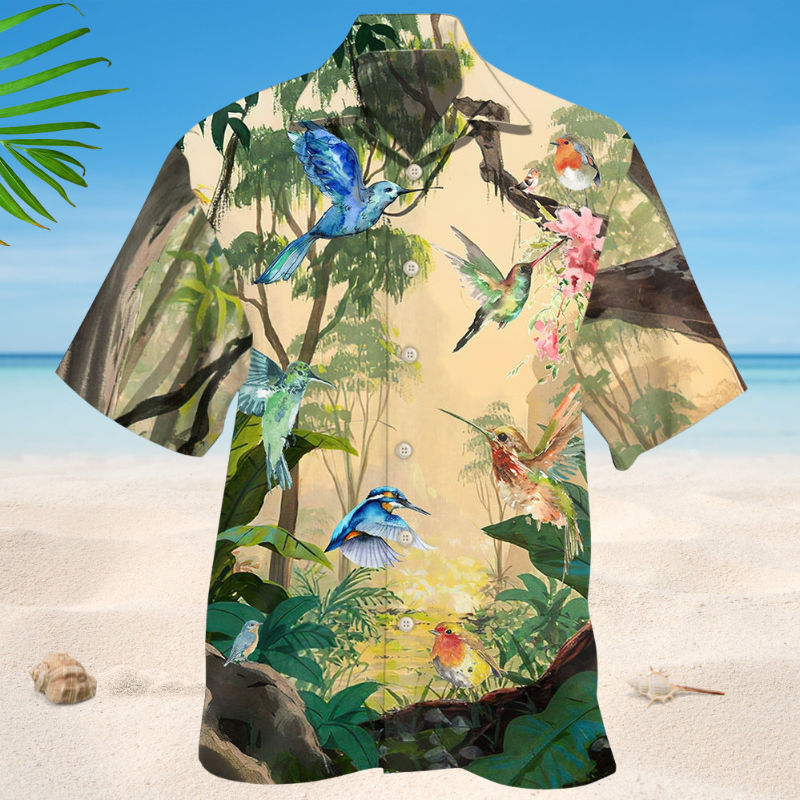 Tropical Hummingbird Hawaiian Shirt For Summer Vacation, Beach Travel, And Casual Wear