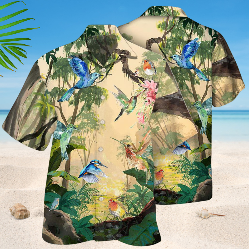 Tropical Hummingbird Hawaiian Shirt For Summer Vacation, Beach Travel, And Casual Wear