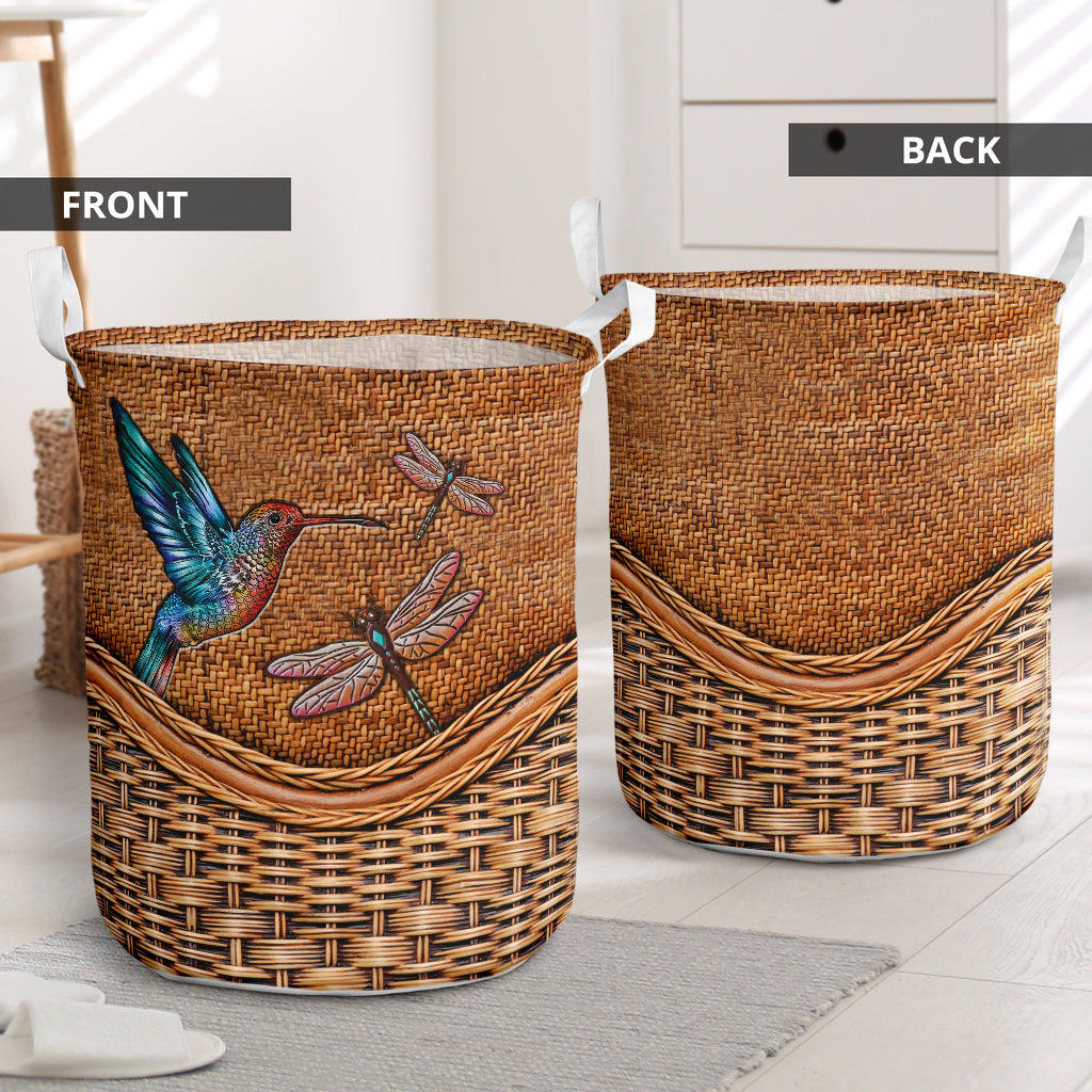 Hummingbird And Dragonfly Rattan Texture Laundry Basket For Room Home Organizer