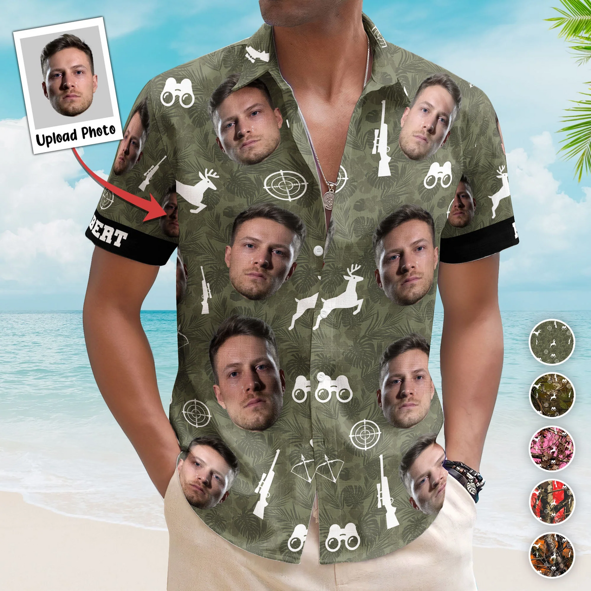 Tropical Hunting Camo Custom Face Aloha Photo Hawaiian Shirt For Coastal Travel And Summer Outings