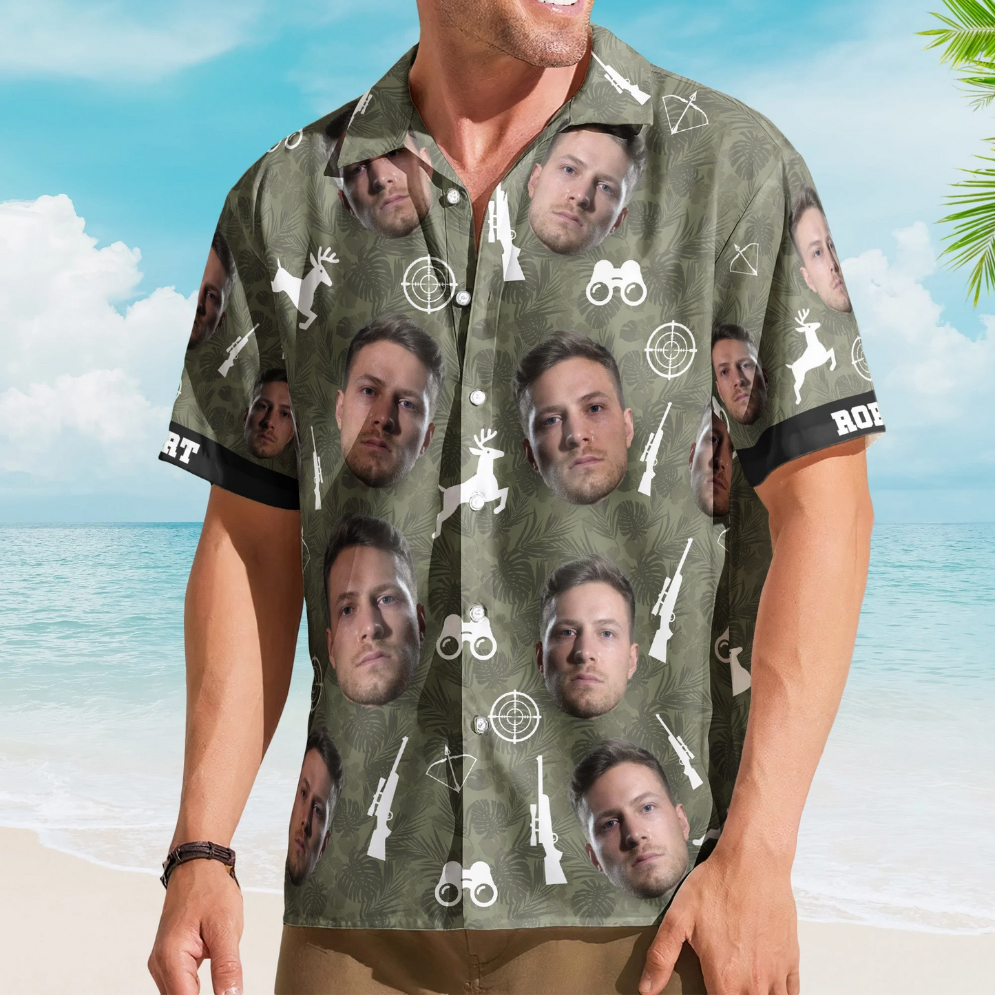 Tropical Hunting Camo Custom Face Aloha Photo Hawaiian Shirt For Coastal Travel And Summer Outings