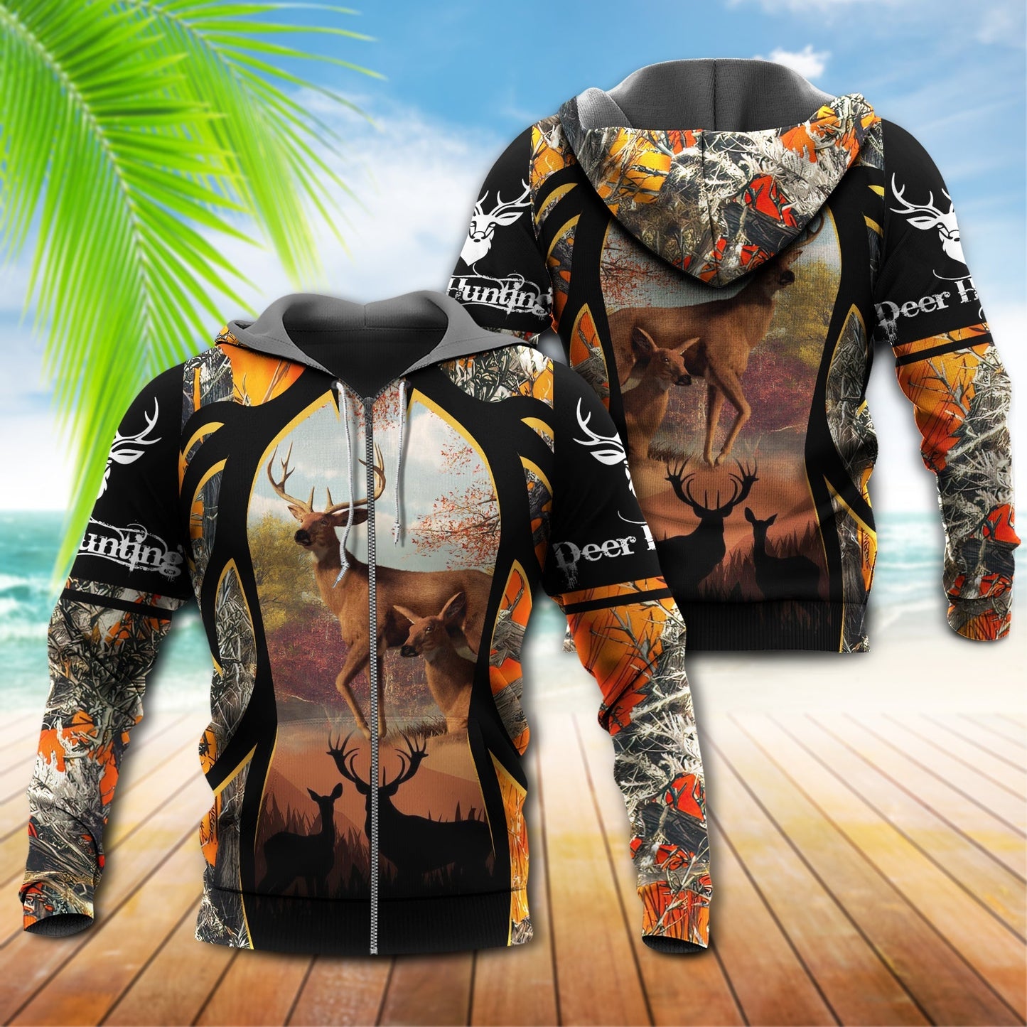 Orange Black Hunting Deer Spring Hoodie For Outdoor Events Country Style And Seasonal Gifting