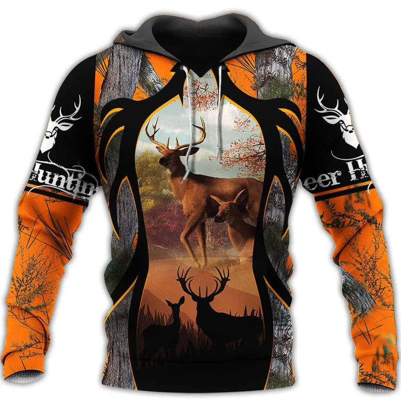 Black Orange Hunting Deer Hoodie For Wildlife Enthusiasts Weekend Adventures And Casual Style