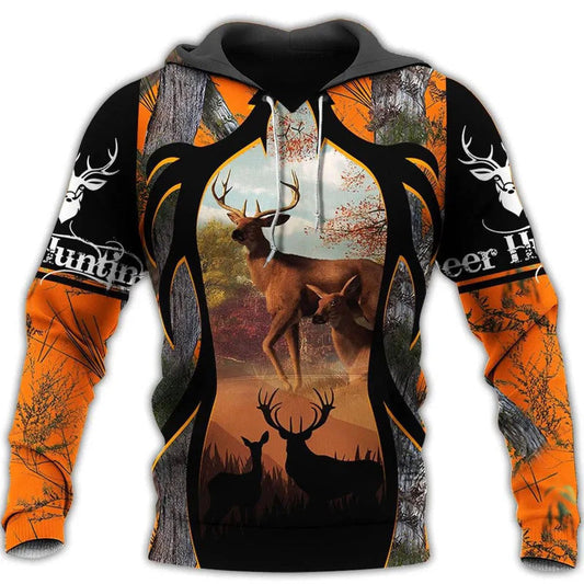 Black Orange Hunting Deer Hoodie For Wildlife Enthusiasts Weekend Adventures And Casual Style