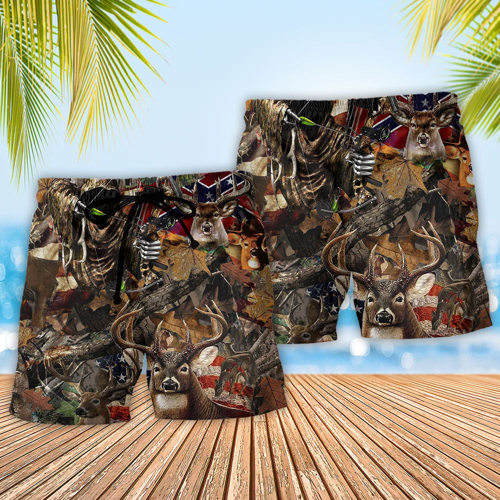 Deer Hunting American Outdoor Beach Shorts Pattern Detail For Weekend Travel And Easygoing Coastal Style