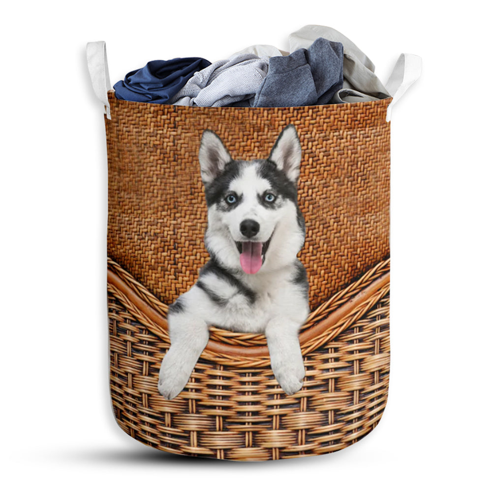 Husky Dog Rattan Texture Laundry Basket For Bathroom Bedroom Storage