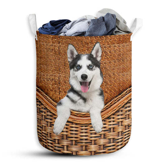 Husky Dog Rattan Texture Laundry Basket For Bathroom Bedroom Storage