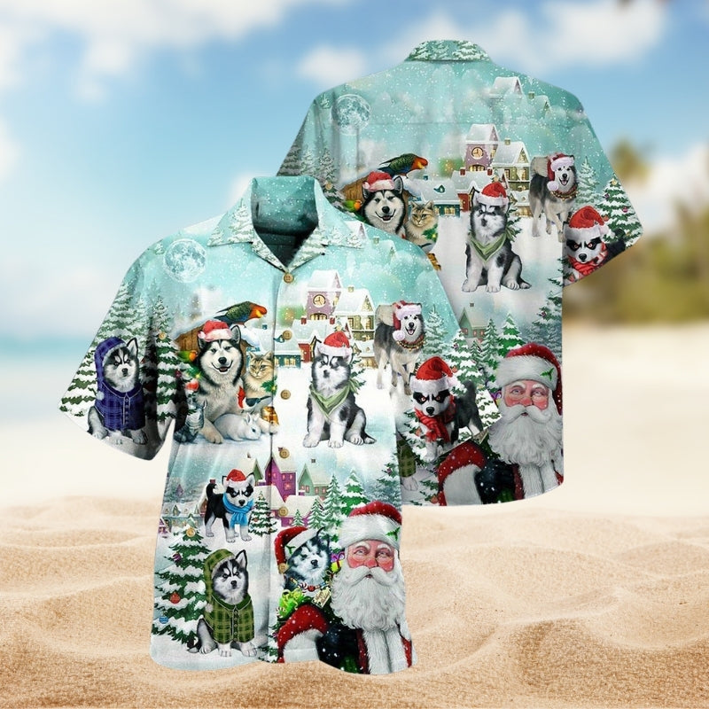 Festive Christmas Detailed Graphic Hawaiian Shirt For Winter Celebrations, Beach Travel, And Relaxed Holiday Wear