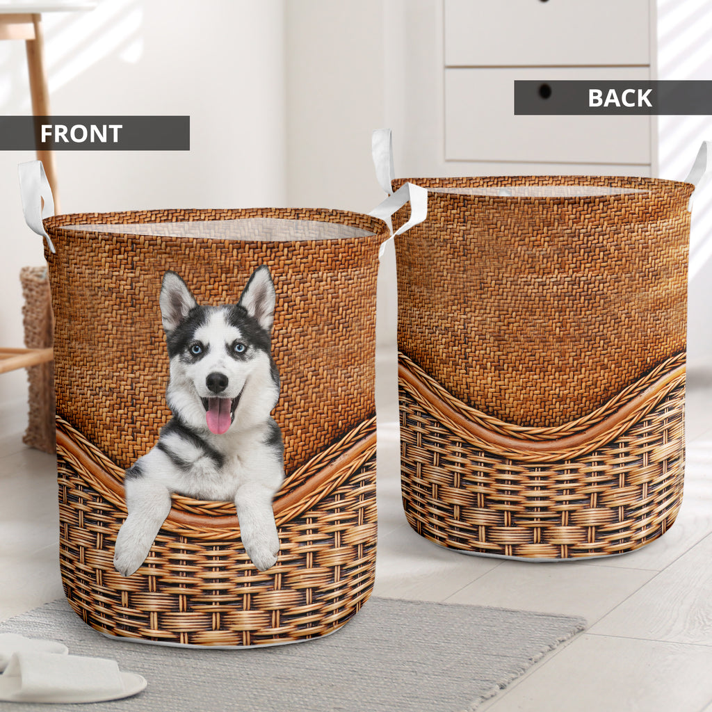 Husky Dog Rattan Texture Laundry Basket For Room Home Organizer