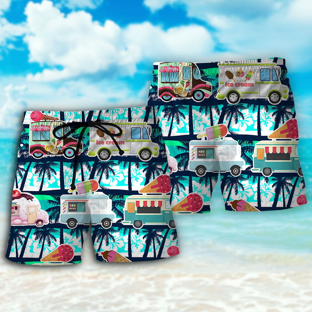 Ice Cream Truck Hot Summer Fun Beach Shorts Artwork Detail For Tropical Travel And Everyday Wear