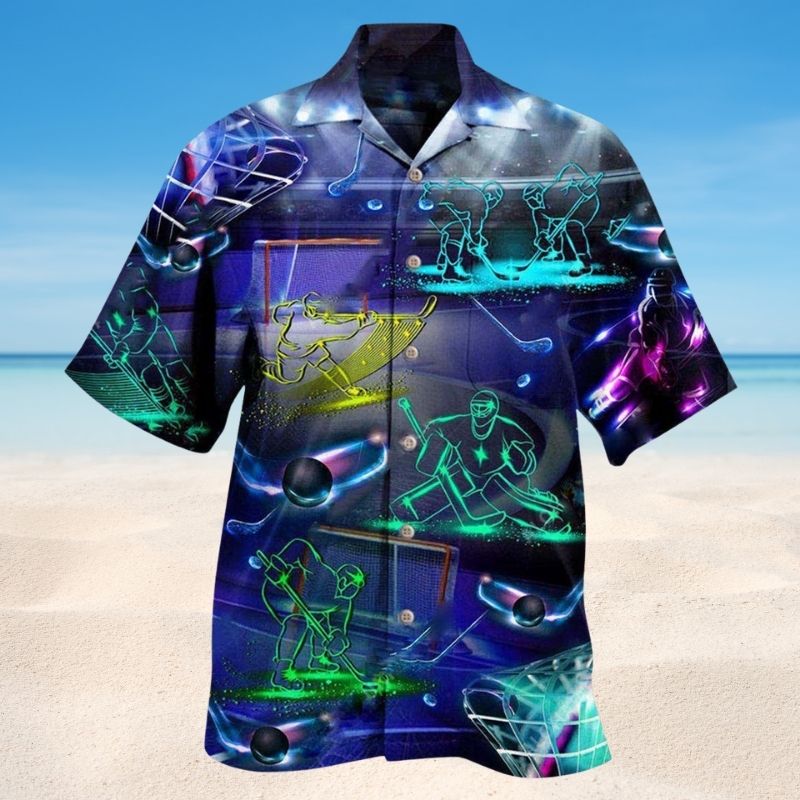 Ice Hockey Neon Art Hawaiian Shirt For Island Getaways Beach Parties And Comfortable Vacation Style