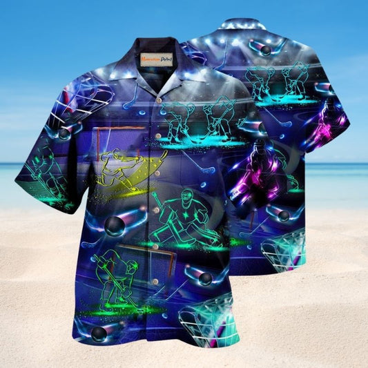 Ice Hockey Neon Art Hawaiian Shirt For Island Getaways Beach Parties And Comfortable Vacation Style