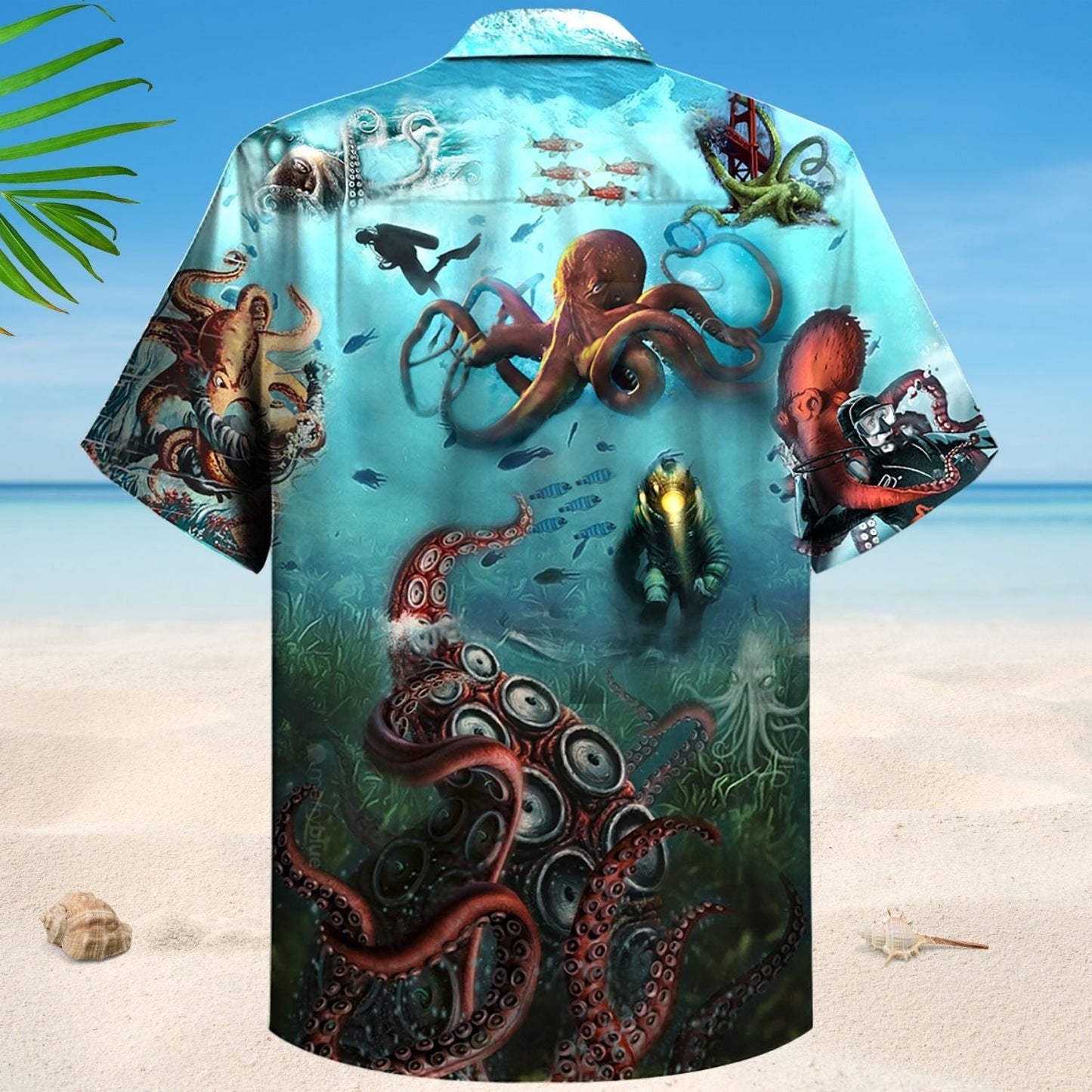 Octopus Giant Deep Sea Diver Hawaiian Shirt Pattern Detail For Vacation Travel And Daily Wear