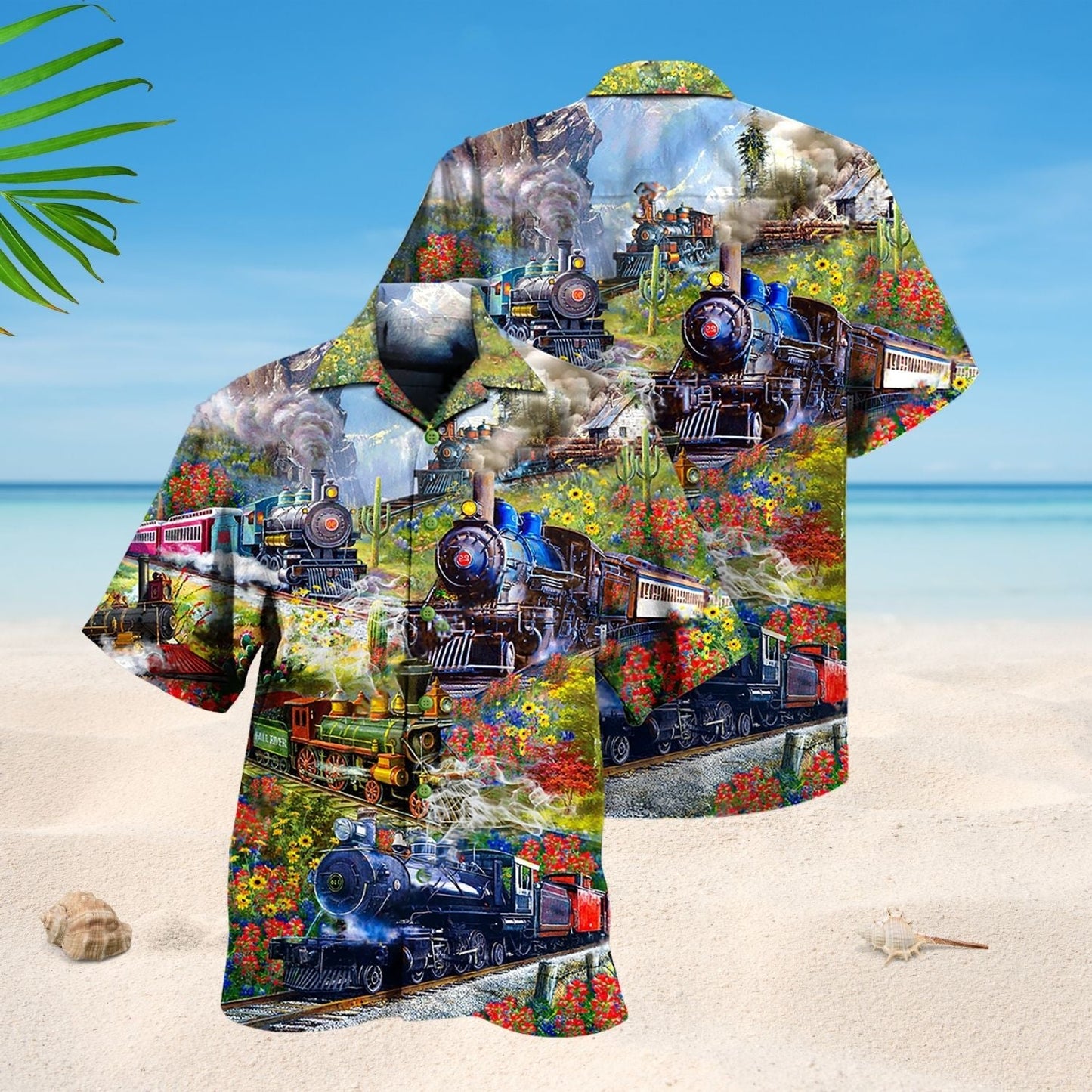 Train Spring Hill Scenic Hawaiian Shirt Artwork Detail For Resort Trips And Outdoor Activities