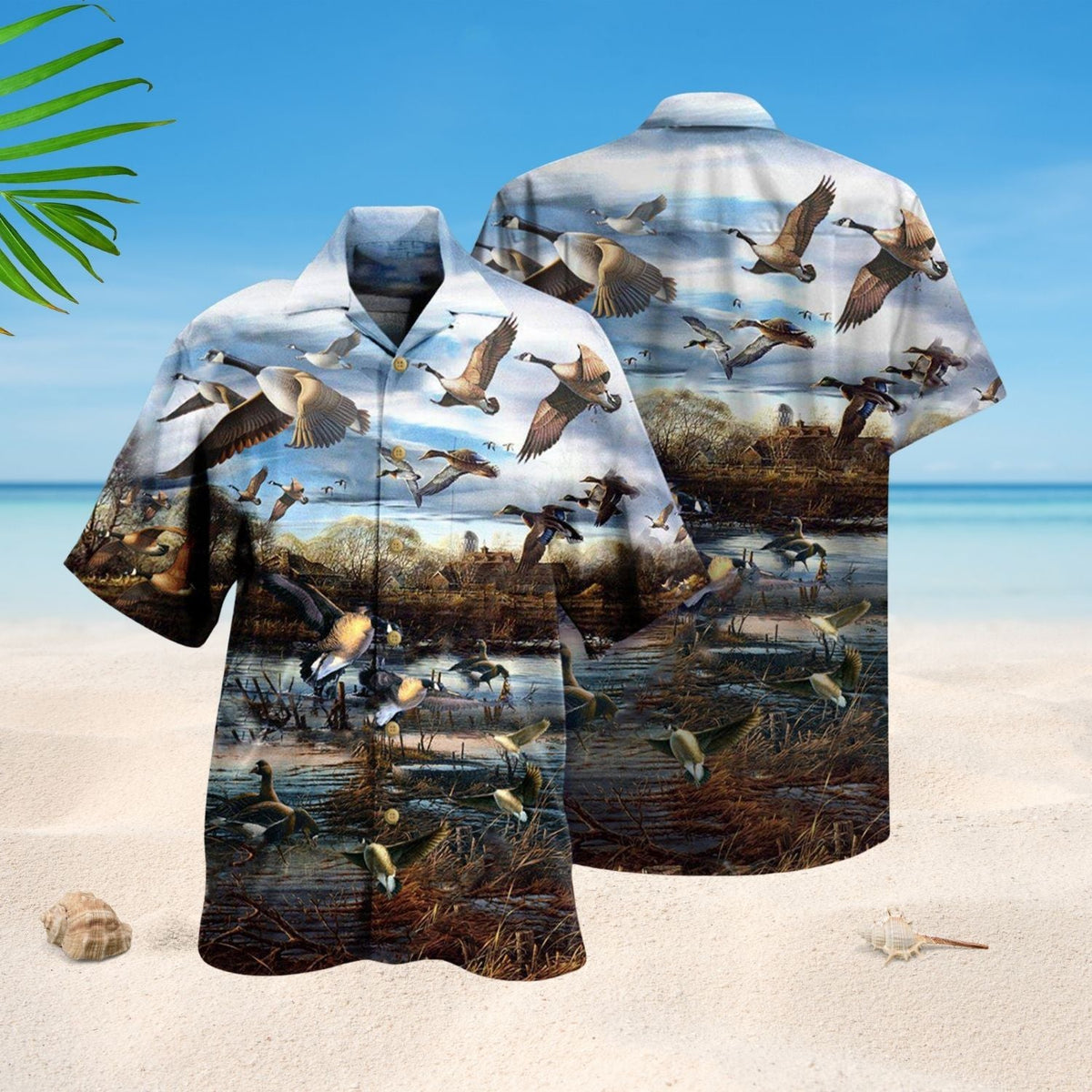 Peaceful Canada Geese Sky Hawaiian Shirt Pattern Detail For Vacation Travel And Daily Wear
