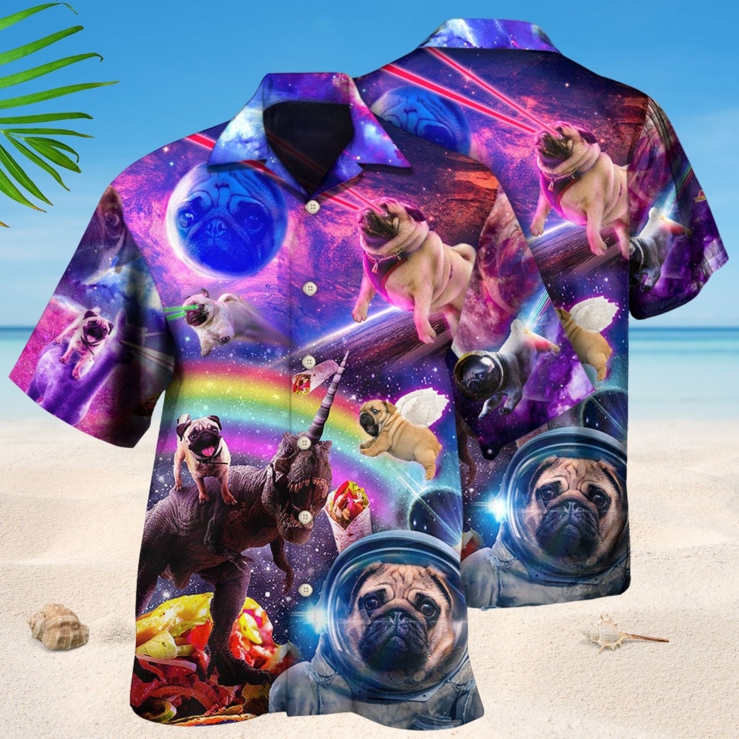 Rainbow Dog Pug Galaxy Fantasy Hawaiian Shirt Pattern Detail For Vacation Travel And Daily Wear