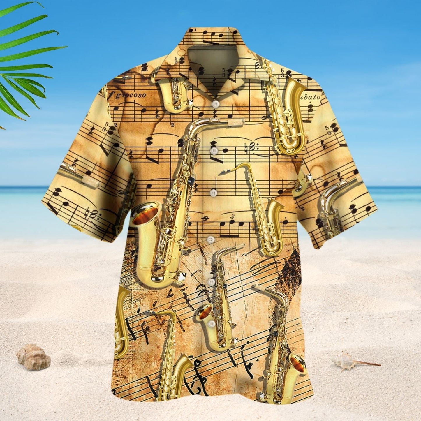 Retro Saxophone Golden Music Hawaiian Shirt For Resort Getaways And Comfortable Summer Activities