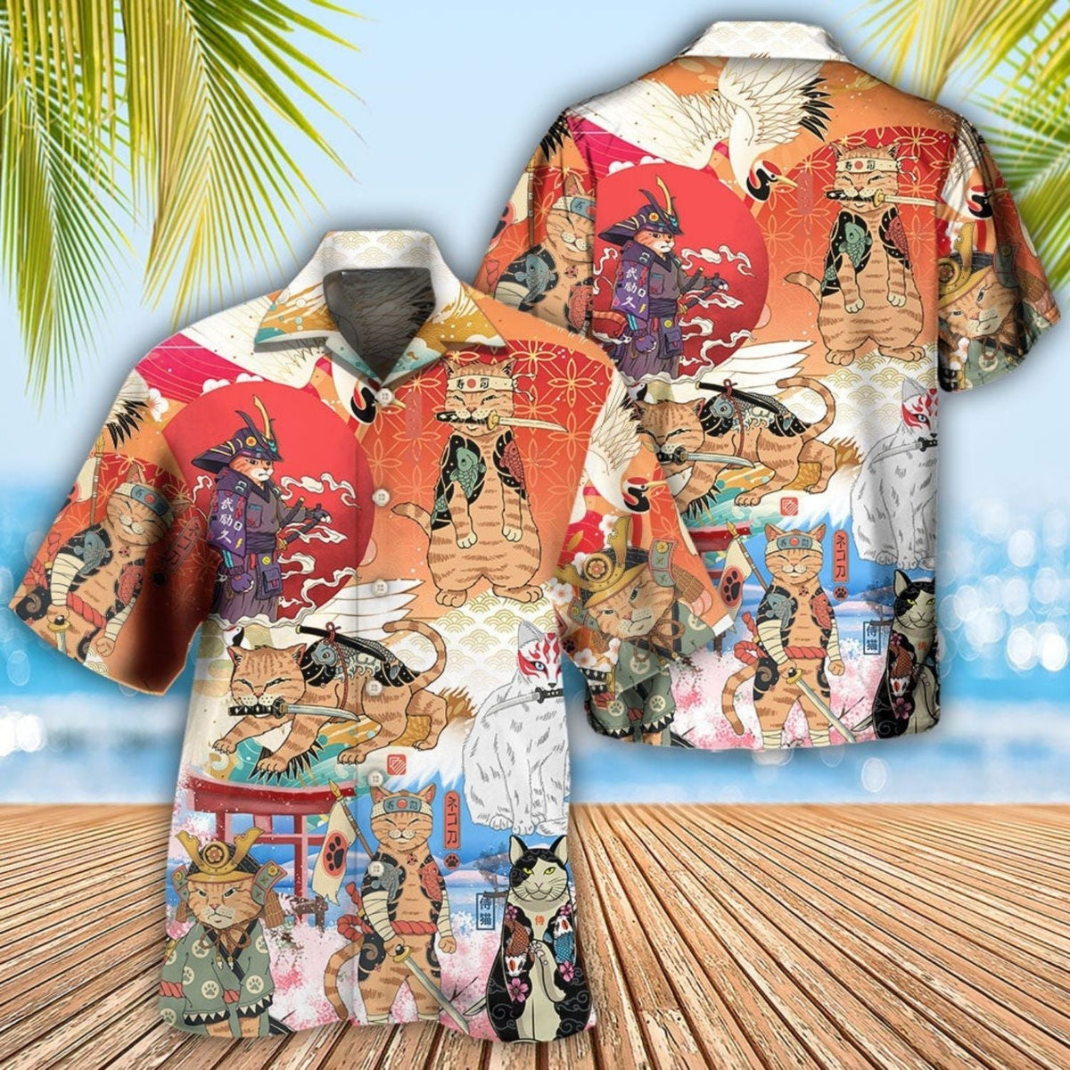 Funny Cat Samurai Japanese Hawaiian Shirt Design Detail For Beach Days And Holiday Travel