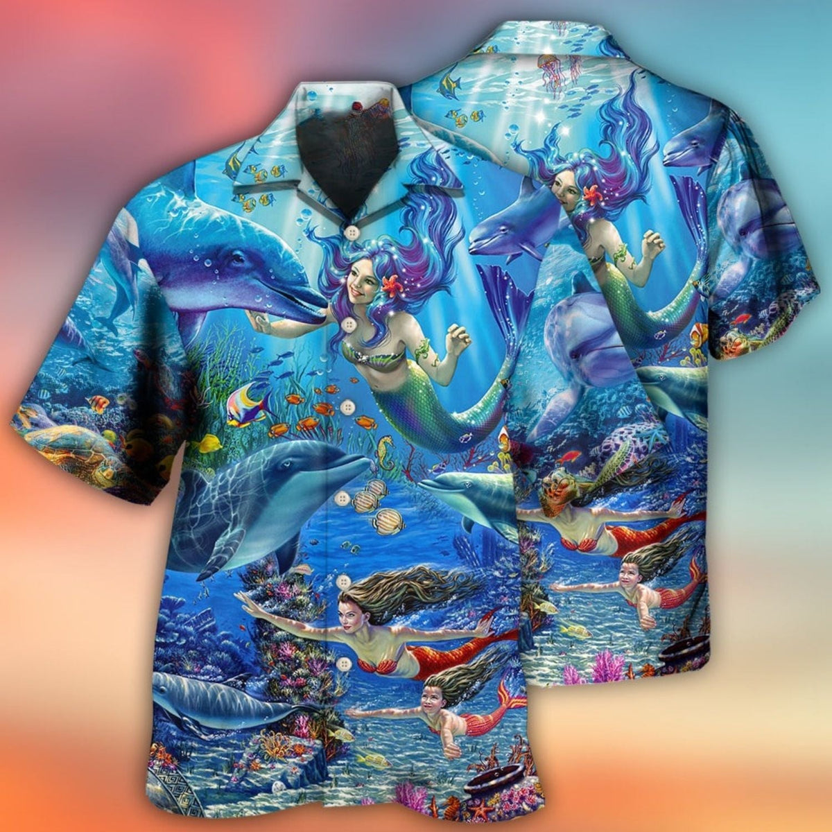 Blue Dolphin Mermaid Ocean Hawaiian Shirt For Beach Parties And Weekend Getaways