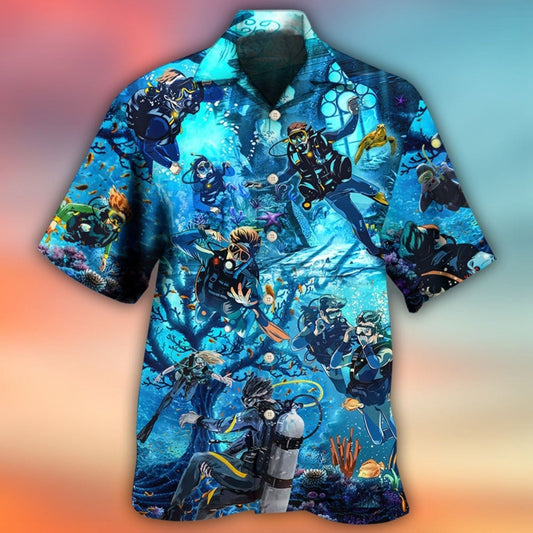 Diving Ocean Adventure Graphic Hawaiian Shirt Collar And Front View For Coastal Travel