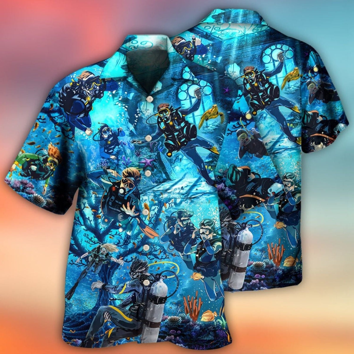 Diving Ocean Adventure Graphic Hawaiian Shirt Fabric Pattern Detail For Island Holidays