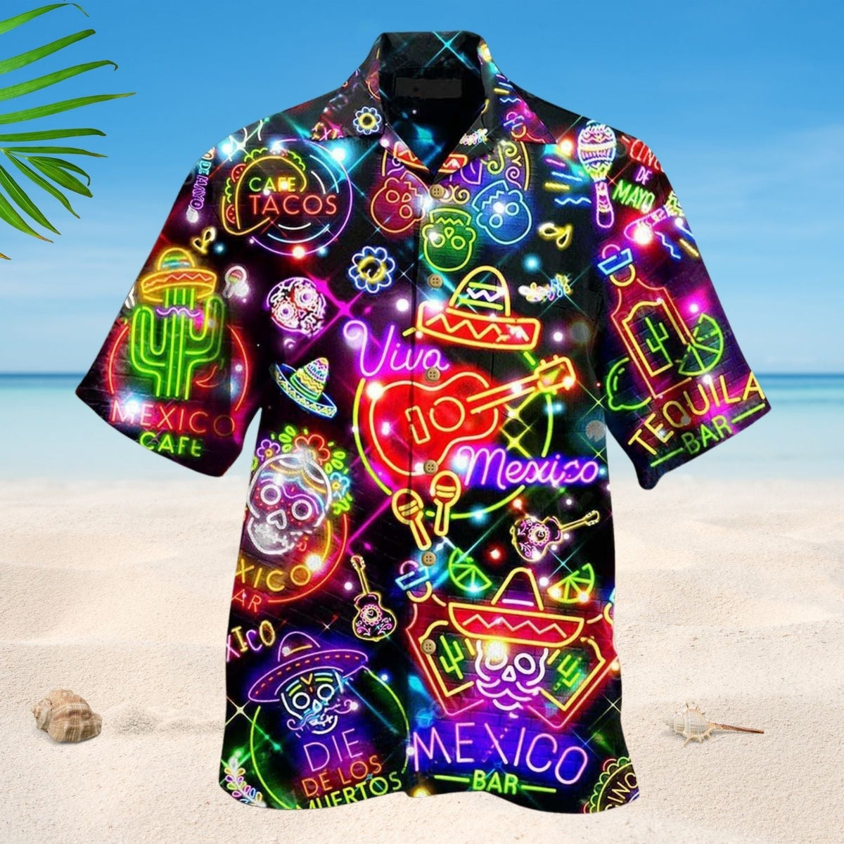 Neon Mexico Hawaiian Shirt Artwork Detail For Tropical Trips And Casual Outings