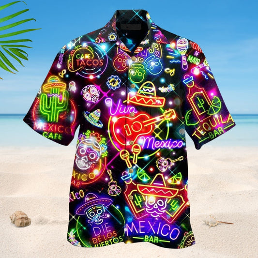 Neon Mexico Hawaiian Shirt Artwork Detail For Tropical Trips And Casual Outings