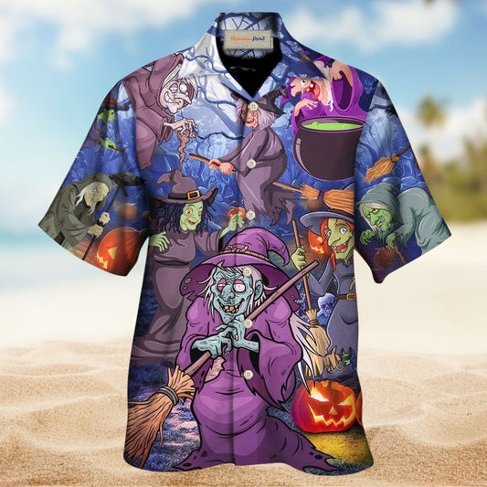 Funny Magical Halloween Witch Pumpkin Forest Hawaiian Shirt Pattern Detail For Vacation Travel And Daily Wear