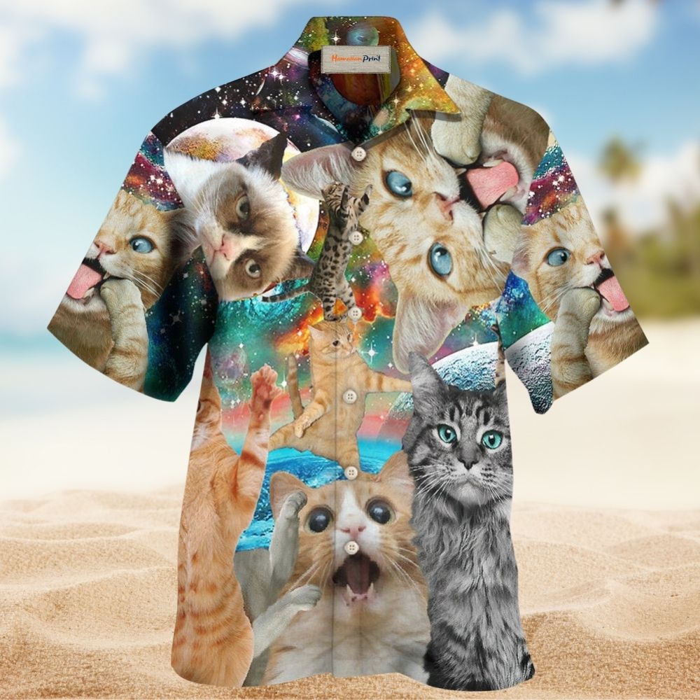 Galaxy Funny Cat Space Hawaiian Shirt Tropical Styling View For Beach Days