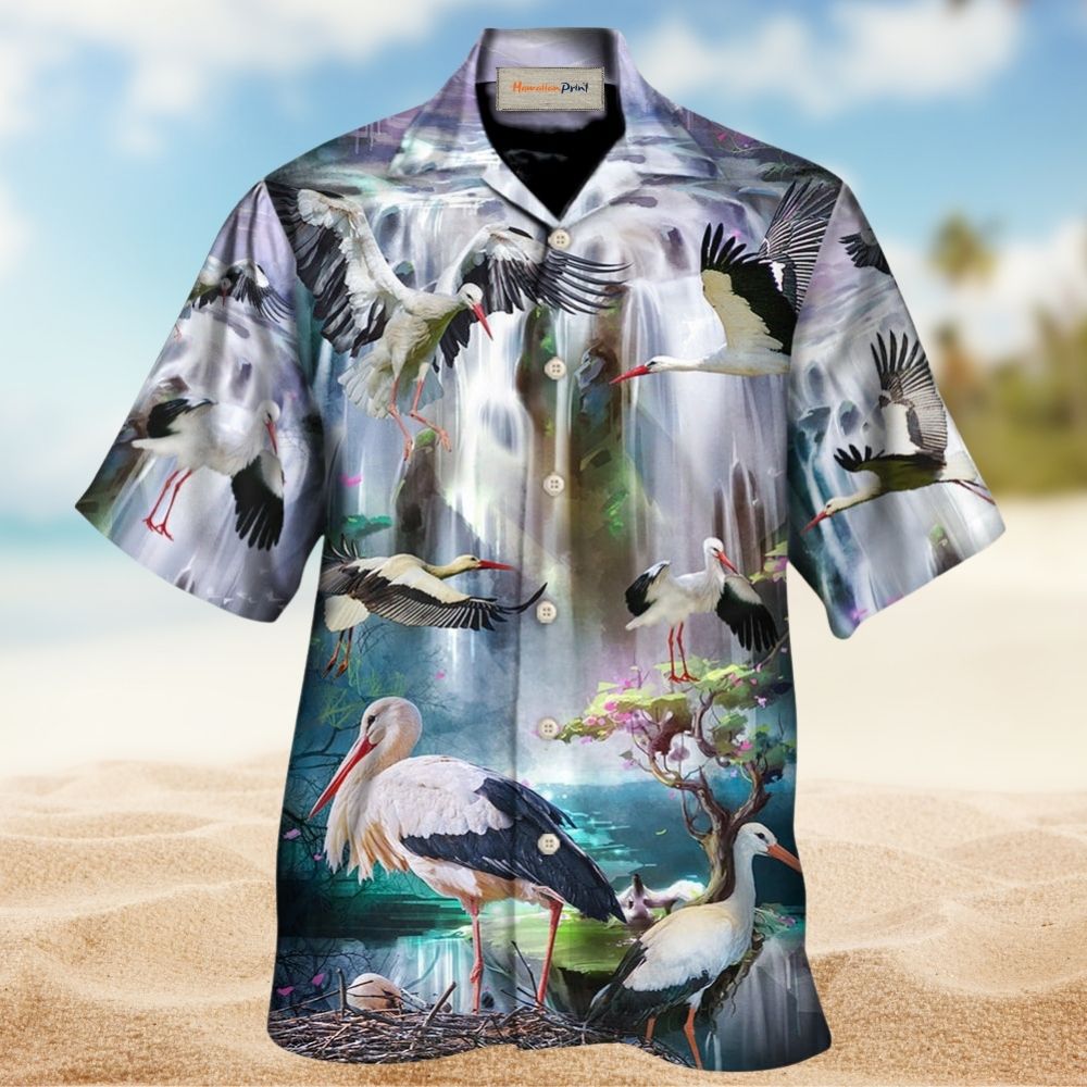 Dreamy Stork Bird Waterfall Hawaiian Shirt Design Detail For Sunny Adventures And Casual Wear