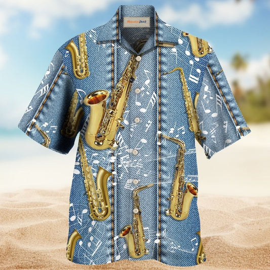 Saxophone Denim Music Notes Hawaiian Shirt For Coastal Adventures And Warm Weather Wear