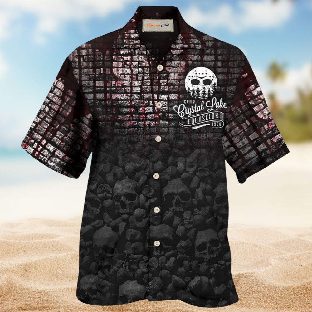 Retro Halloween Summer Camp Horror Counselor Hawaiian Shirt Artwork Detail For Tropical Trips And Casual Outings