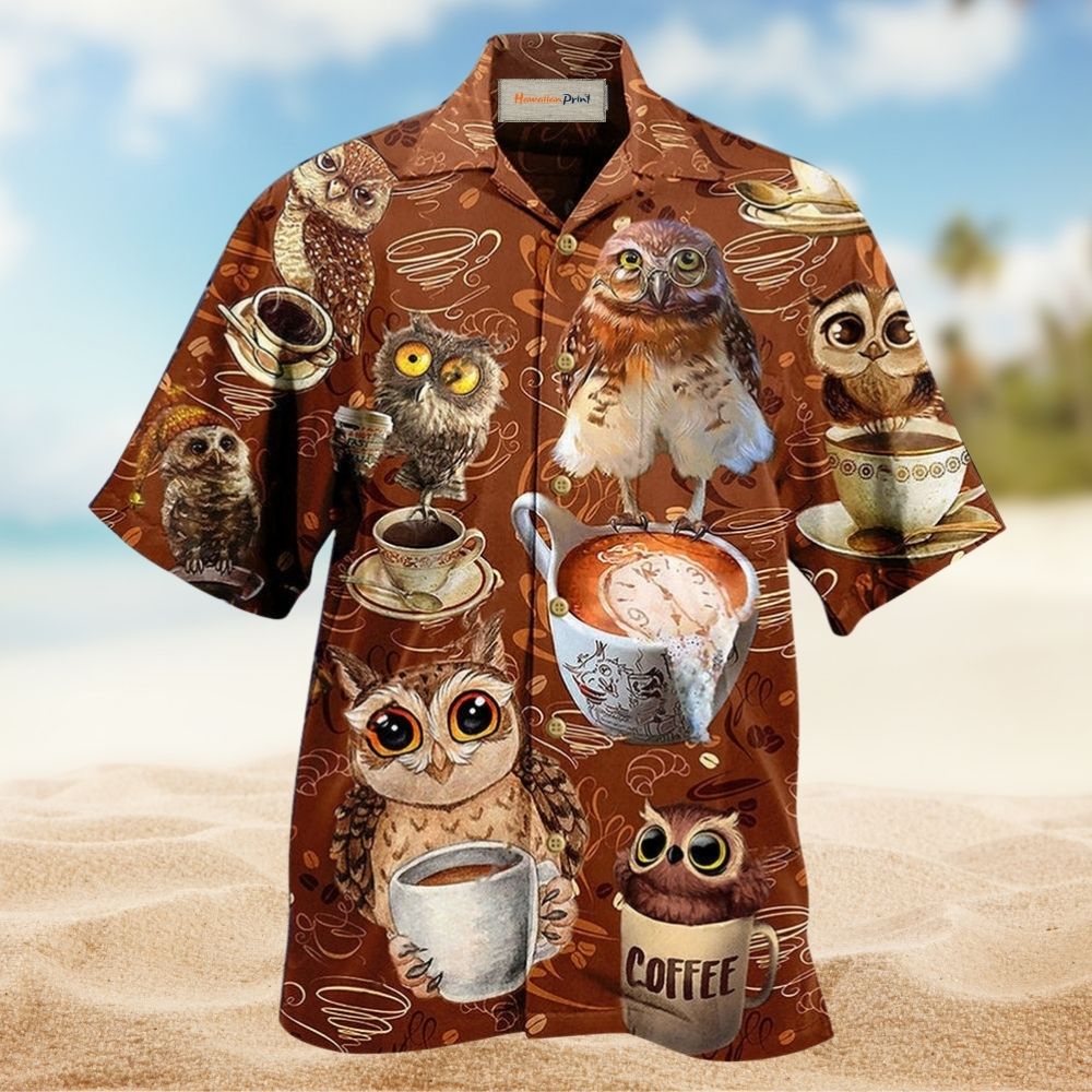 Coffee Owl Hawaiian Shirt Artwork View For Coastal Escapes And Resort Style