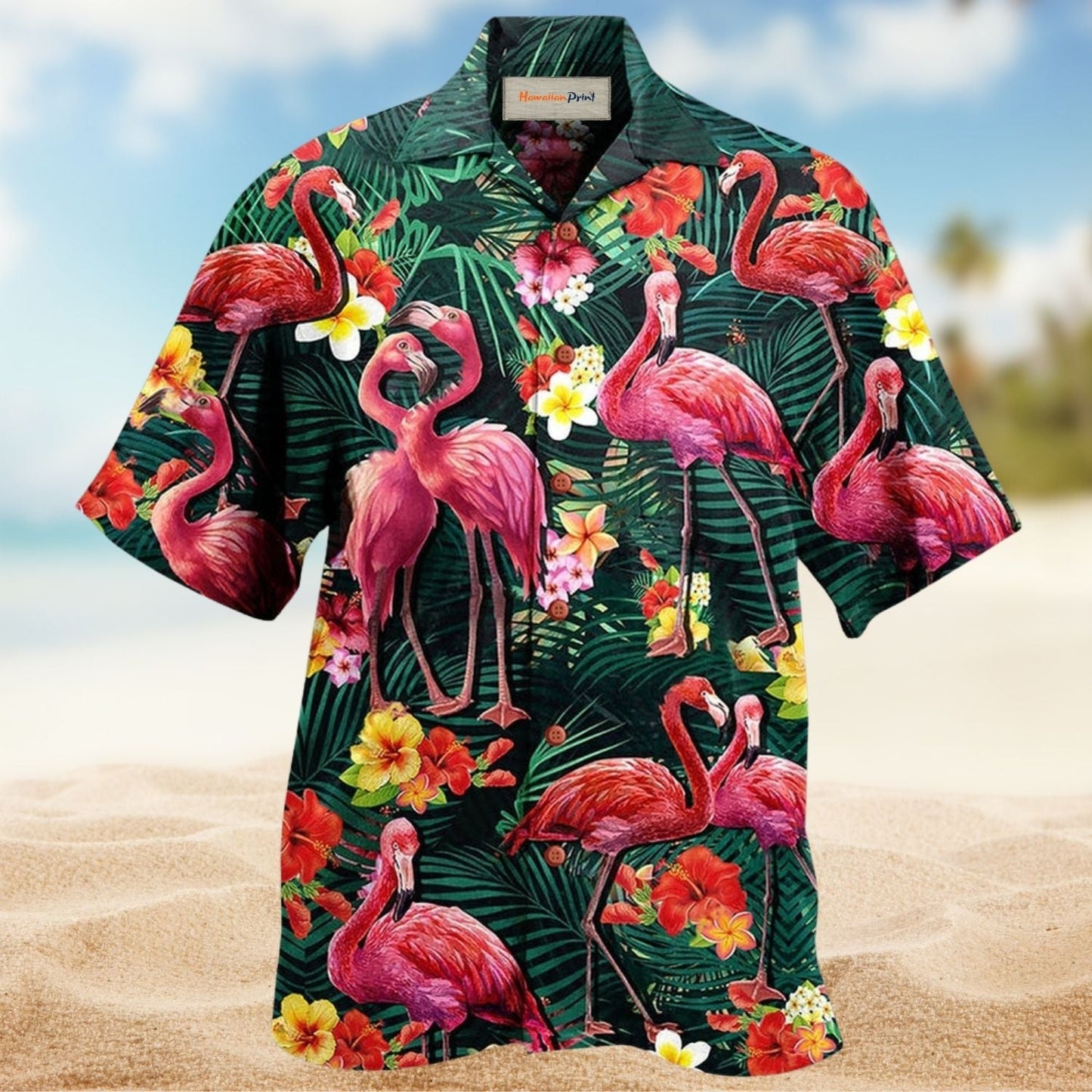 Floral Flamingo Couple Hawaiian Shirt Design Detail For Beach Days And Holiday Travel