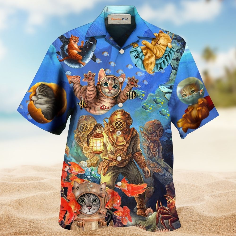 Cat Diving Sea Artistic Hawaiian Shirt For Summer Vacation And Beach Travel