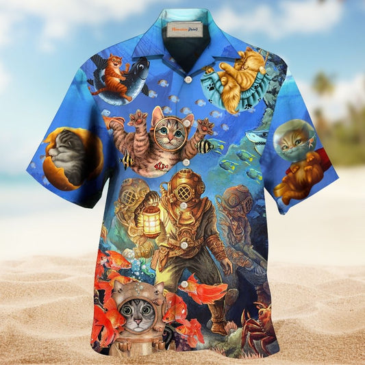 Cat Diving Sea Artistic Hawaiian Shirt For Summer Vacation And Beach Travel