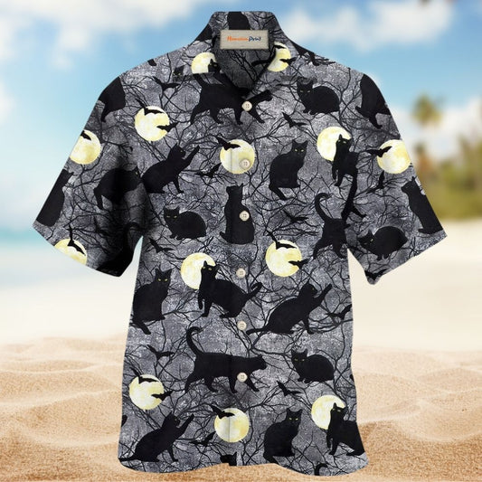 Black Cat Halloween Hawaiian Shirt Design View For Casual Summer Styling