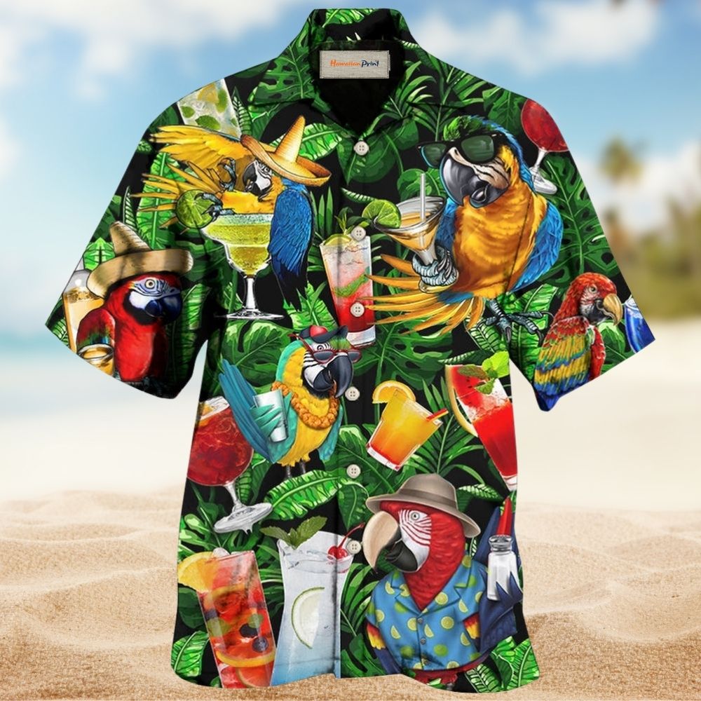 Parrot Drinking Cocktail Fun Hawaiian Shirt Artwork Detail For Resort Trips And Outdoor Activities