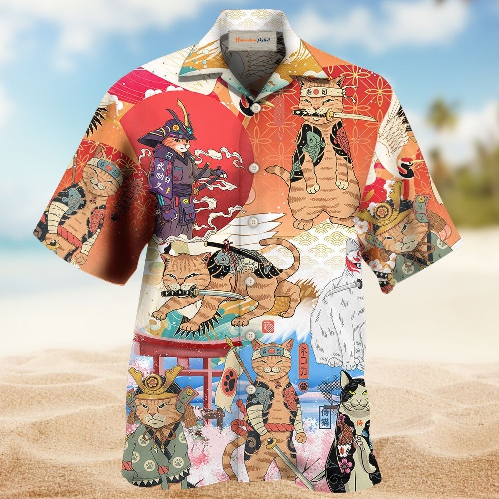 Funny Cat Samurai Japanese Hawaiian Shirt For Summer Events And Casual Outdoor Wear