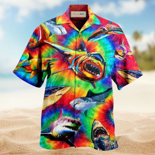Rainbow Shark Hawaiian Shirt Artwork Detail For Tropical Trips And Casual Outings