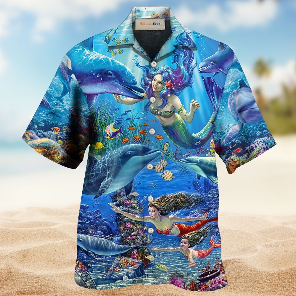 Blue Dolphin Mermaid Ocean Hawaiian Shirt Design View For Casual Summer Styling