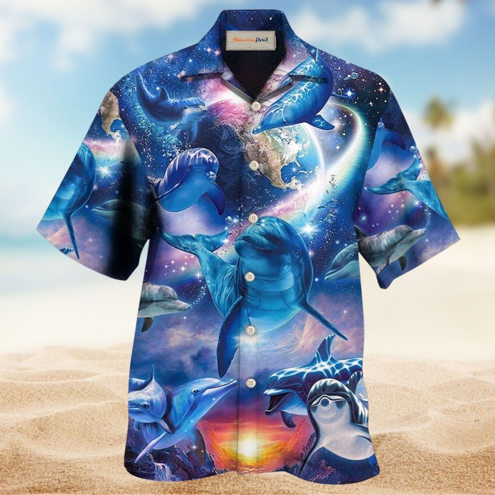 Galaxy Dolphin Blue Glow Hawaiian Shirt Artwork View For Summer Travel