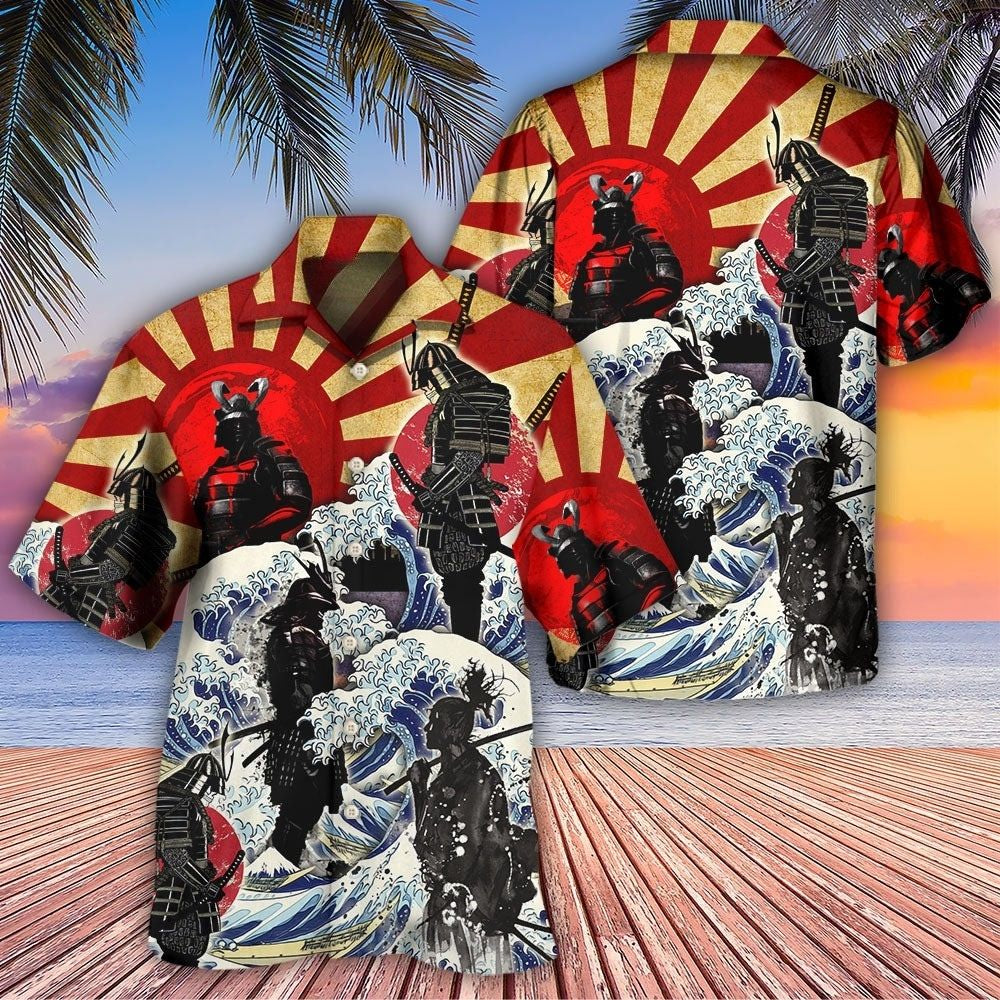 Samurai Red Sun Wave Japanese Hawaiian Shirt Fabric Pattern Detail For Outdoor Gatherings
