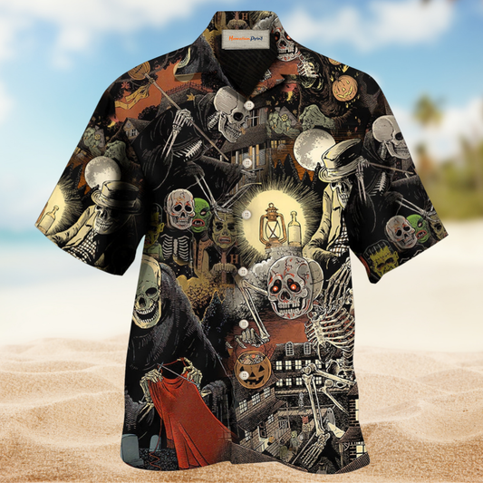 Halloween Skeleton Pumpkin Scary Hawaiian Shirt Artwork Detail For Tropical Trips And Casual Outings