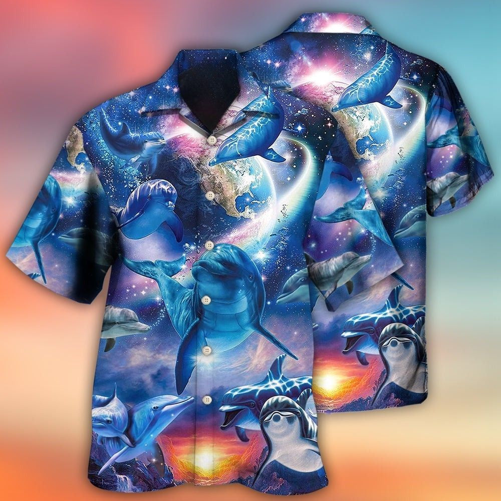 Galaxy Dolphin Blue Glow Hawaiian Shirt Pattern Detail For Resort Wear