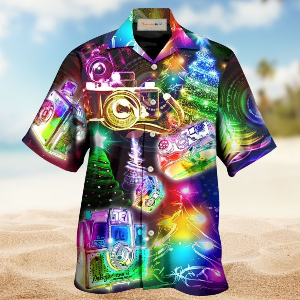 Festive Christmas Camera Everything Hawaiian Shirt Pattern View For Relaxed Warm Weather Outfits