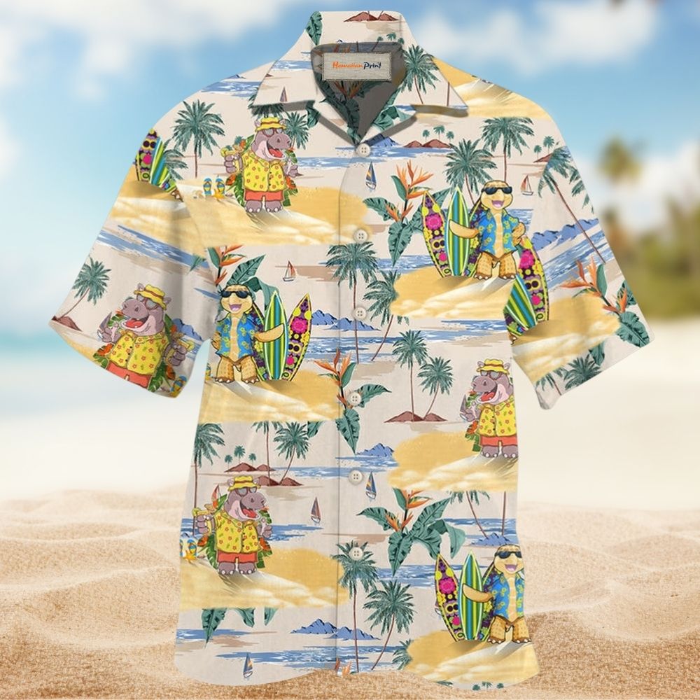 Tropical Turtle Cartoon Hippo Hawaiian Shirt For Summer Events And Casual Outdoor Wear