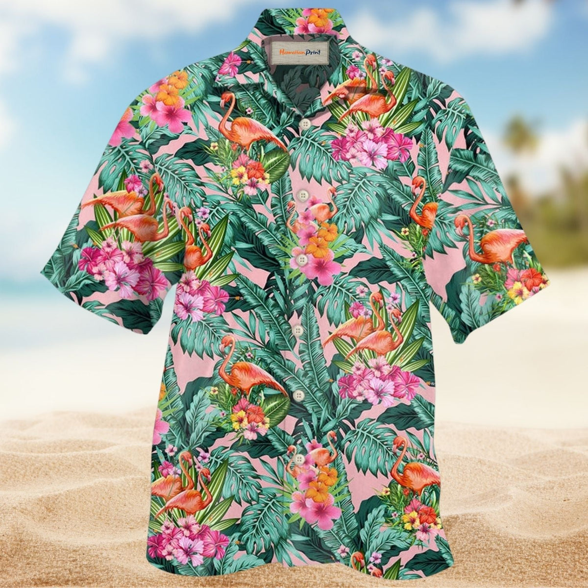 Colorful Tropical Flamingo Leaf Hawaiian Shirt Artwork View For Weekend Travel And Beach Style