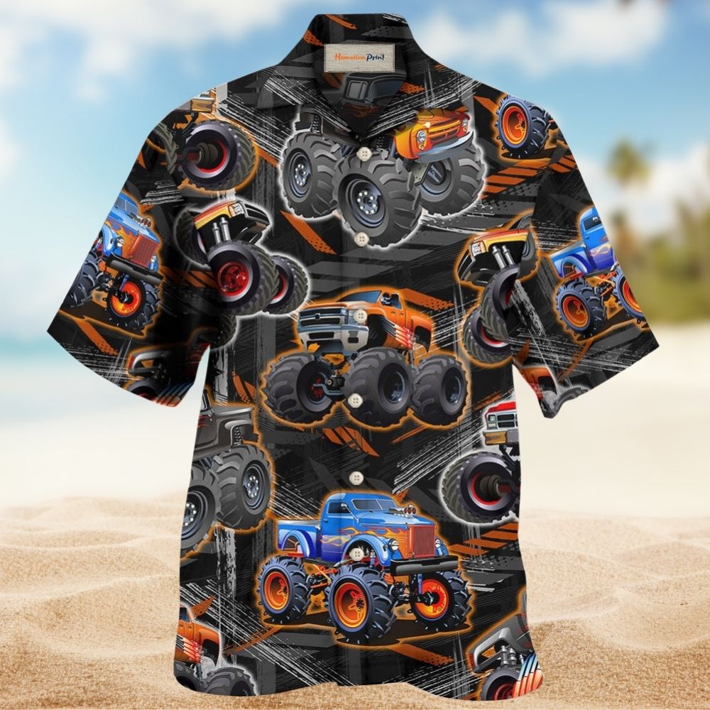 Monster Truck Racing Hawaiian Shirt Tropical Styling View For Summer Travel