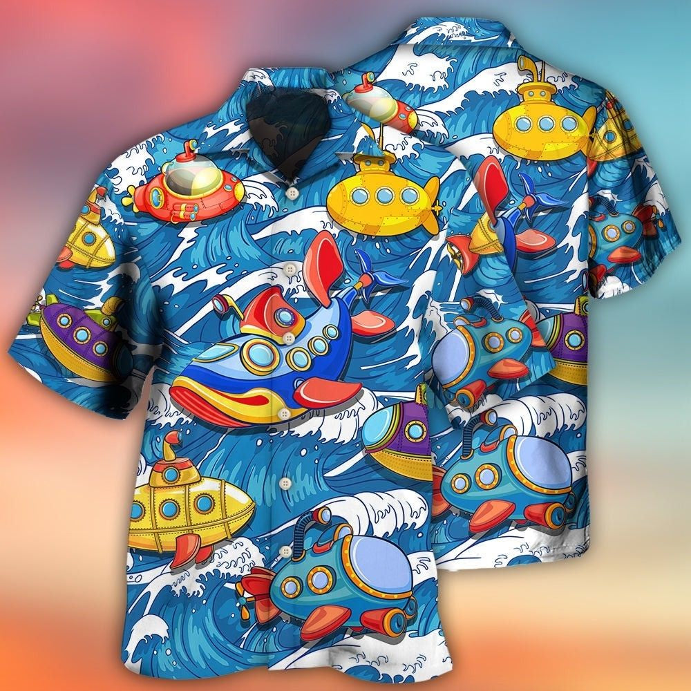 Deep Sea Submarine Wave Hawaiian Shirt Design View For Casual Outings